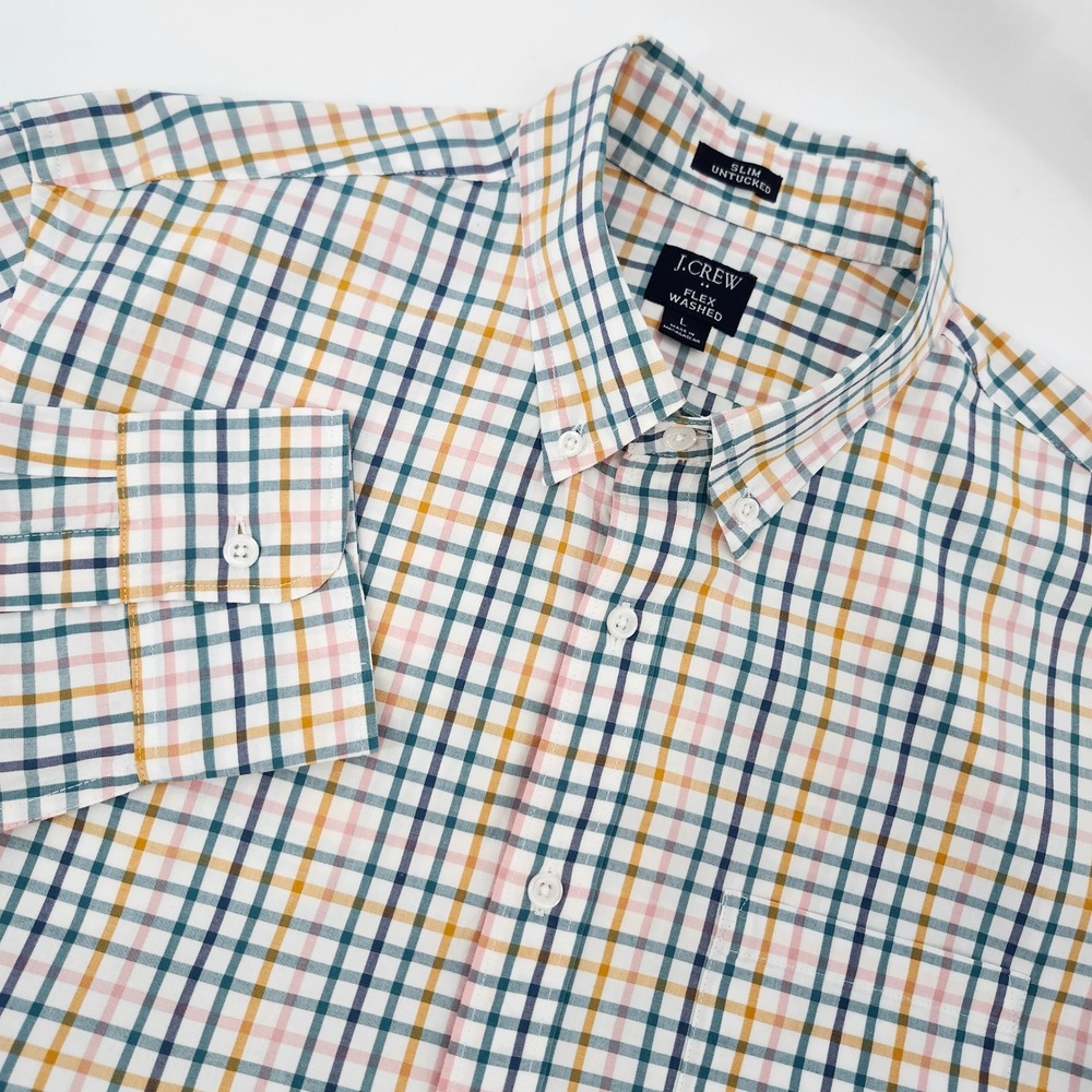 J.Crew Flex Washed Button Down Shirt Mens Large Slim Untucked Tattersall Plaid